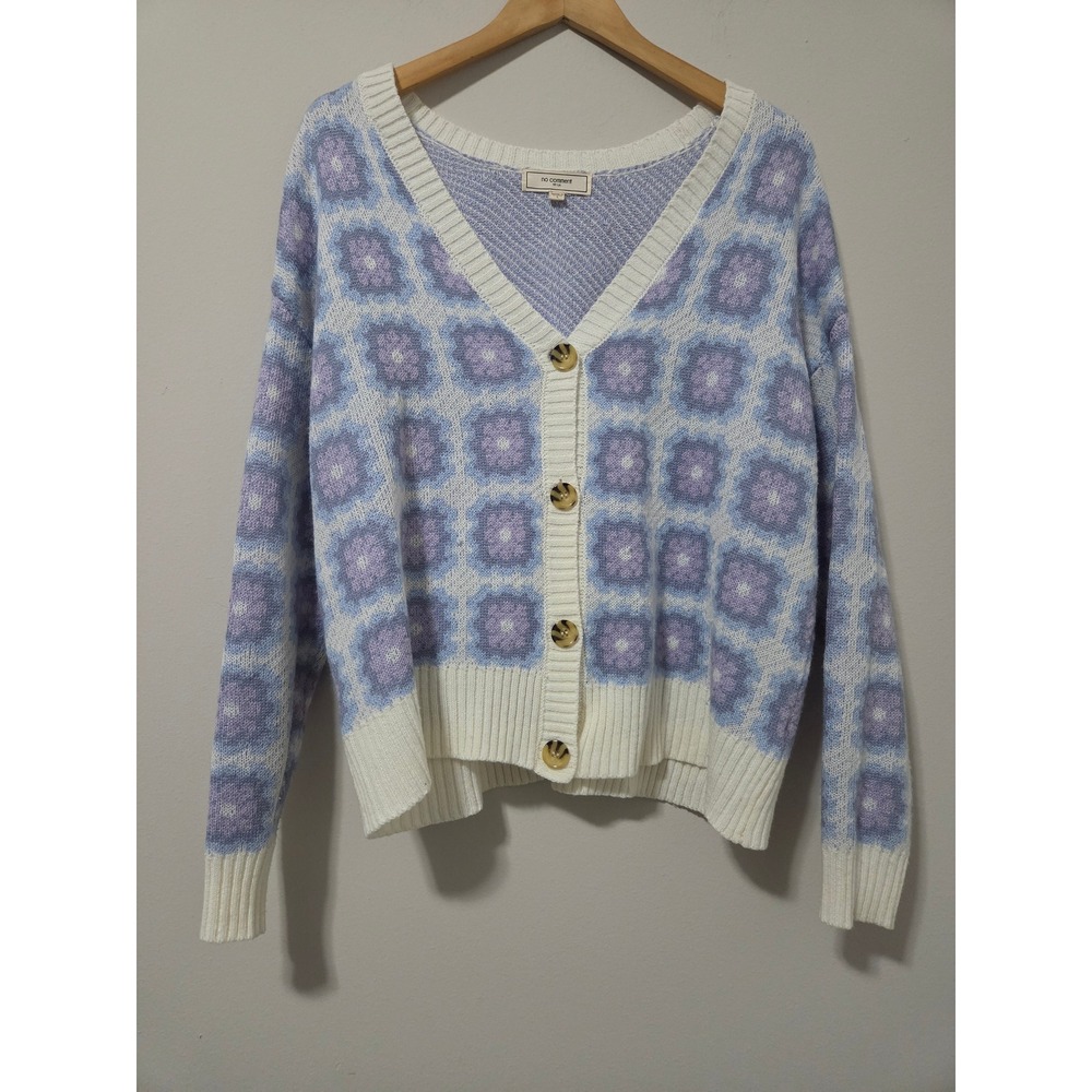 No Comment Granny Square Vibe Floral‎ Knit Cardigan Purple Blue V-Neck Large